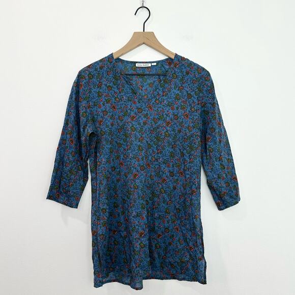 Roller Rabbit Blue Floral Kurta Tunic Top 3/4 Sleeve Boho Resort Wear size Small - Picture 1 of 6